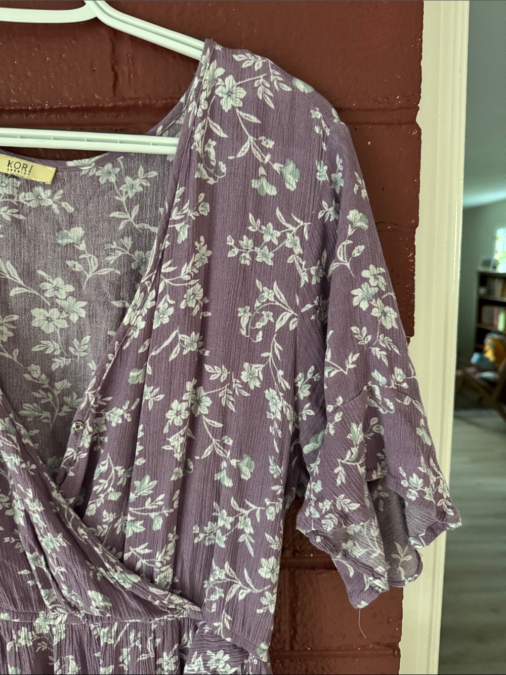 Kori Purple Floral Wrap Hi-Lo Ruffle Bottom Dress Medium - Picture 3 of 8